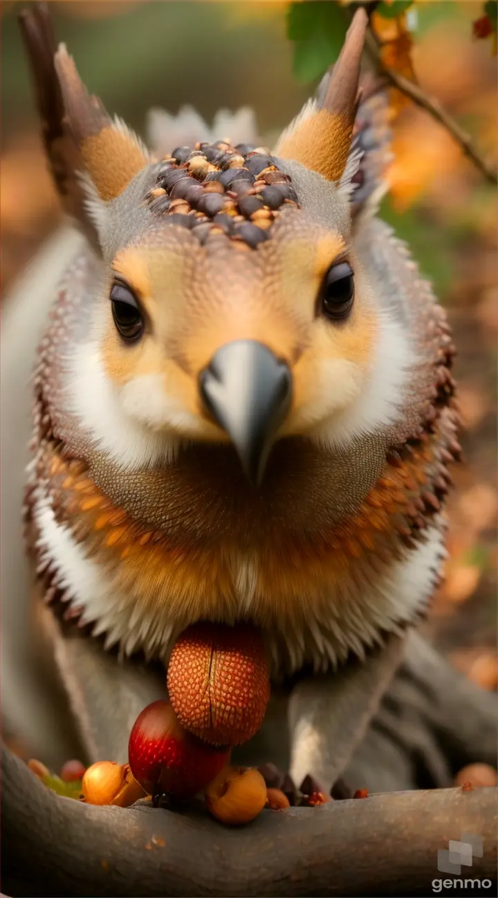 A visual representation of Creature enjoying a meal of acorns and berries in a serene natural setting, emphasizing its harmonious relationship with nature.