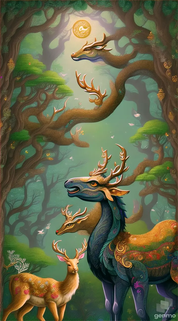 An illustration of Creature engaging in peaceful coexistence with animals in a tranquil forest, conveying the message of compassion and empathy towards all living beings