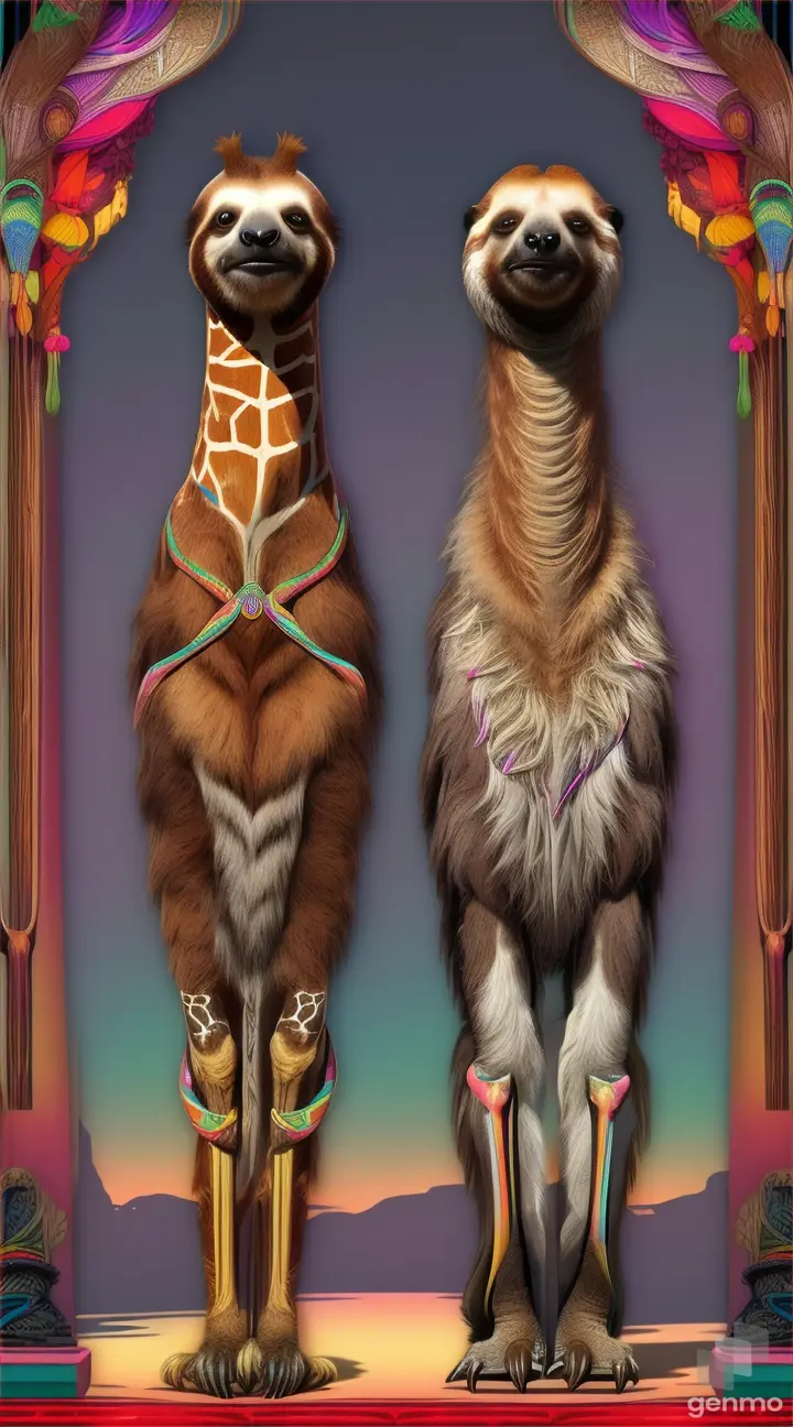 Digital artwork depicting a sloth and a giraffe standing next to each other, with their necks extended to highlight the difference in length and bone composition.
