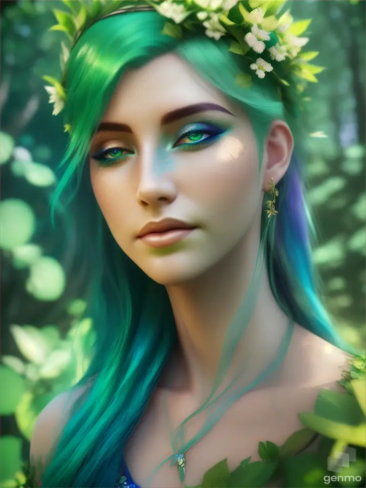 A beautiful goddess with blue-green hair and a fairy tattoo standing in a lush green forest, butterflies, summer, sunlight, flowers, landscape