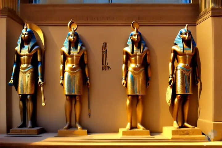 a group of egyptian statues on display in a museum