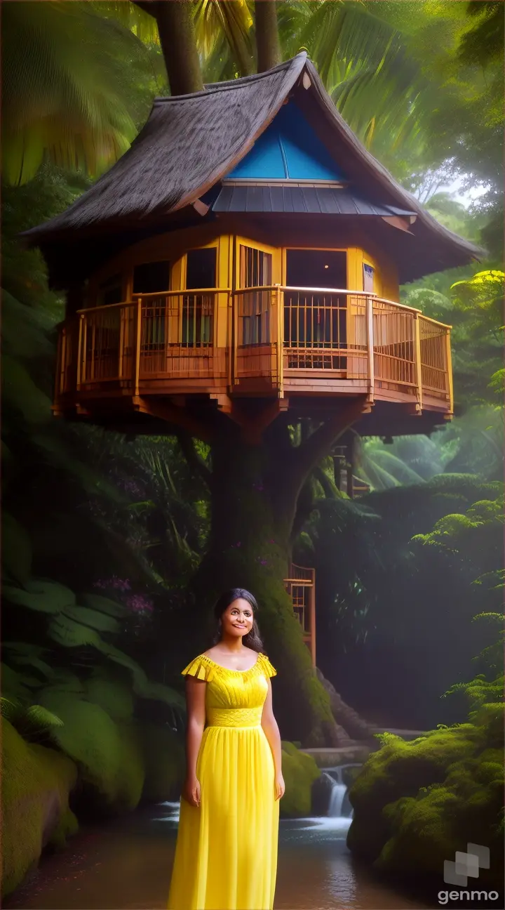 Wanita cantik memakai gaun warna kuning berdiri didepan rumah pohon dibelakangnya air terjun ditengah hutan belantara 