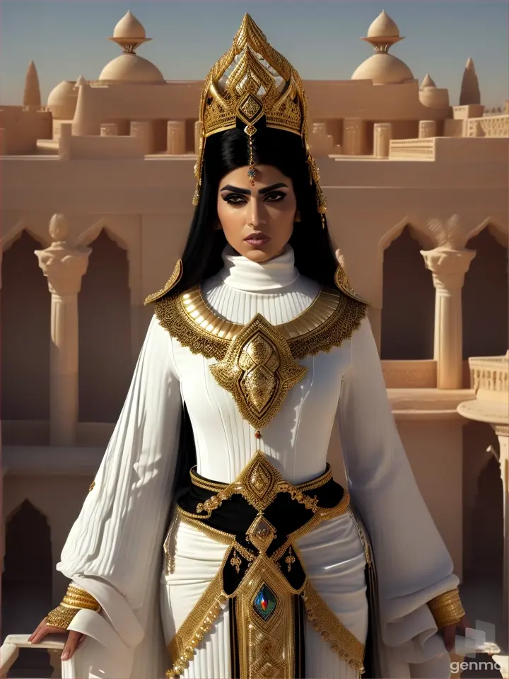 ancient evil black haired white fully clothed in a turtle neck dress persian queen with ancient traditional persian golden headdress with a mean expression on a desert palace balcony , landscape video size