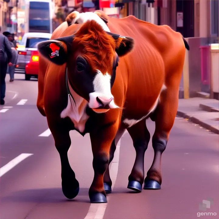 picture of a baby bull in street without changes from the upload image just background in motion 