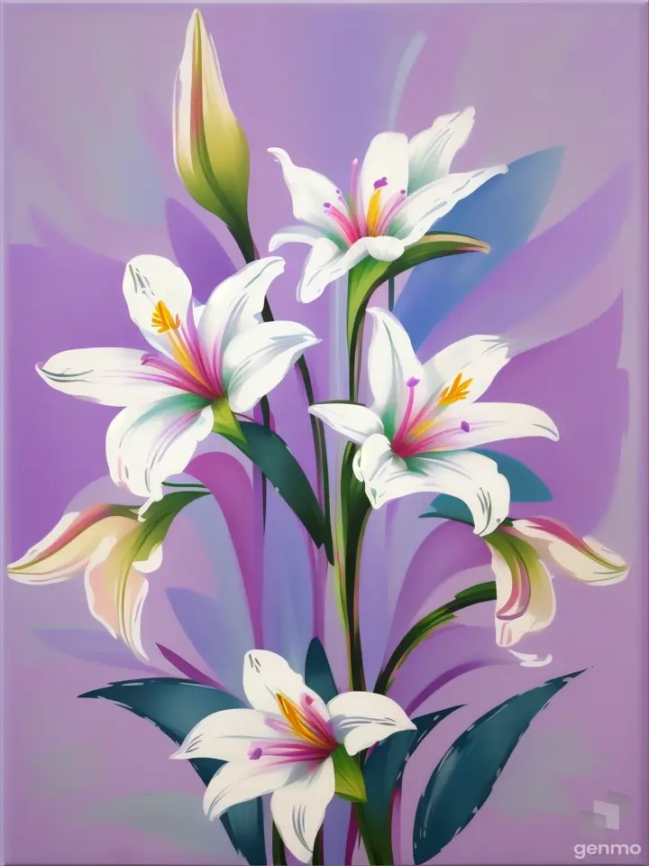 Minimalist Picasso Wall Art, finger-painted: stylized flowers: white lily. Background: pop-art pastel light lilac watercolors.