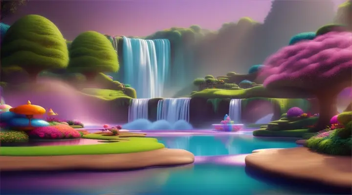 Whimsical garden of giant pastel eggs amidst dreamy waterfalls and sparkling streams