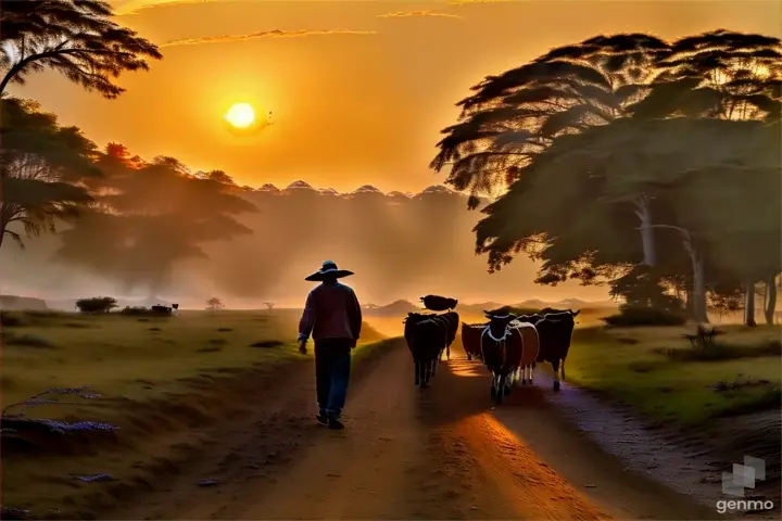 a man walking down a dirt road next to a herd of cattle