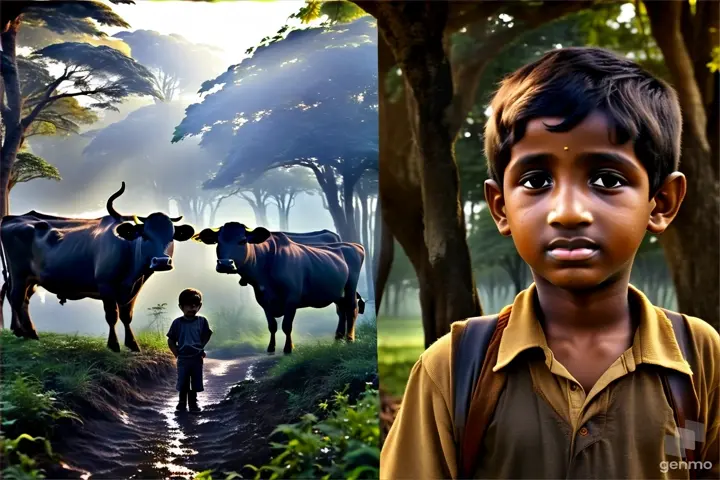 a boy standing next to a picture of two cows