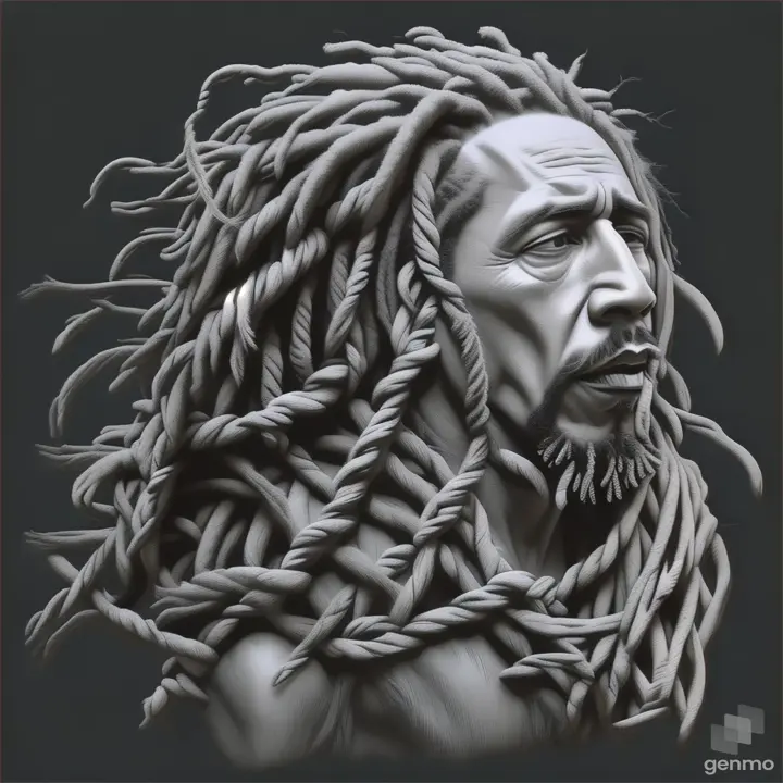 a black and white photo of a man with dreadlocks Bob Marley Moving his dreadlocks in the wind 