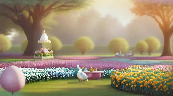 Whimsical garden with giant pastel eggs and friendly farm animals gathered for a storybook tea party amidst the flowers