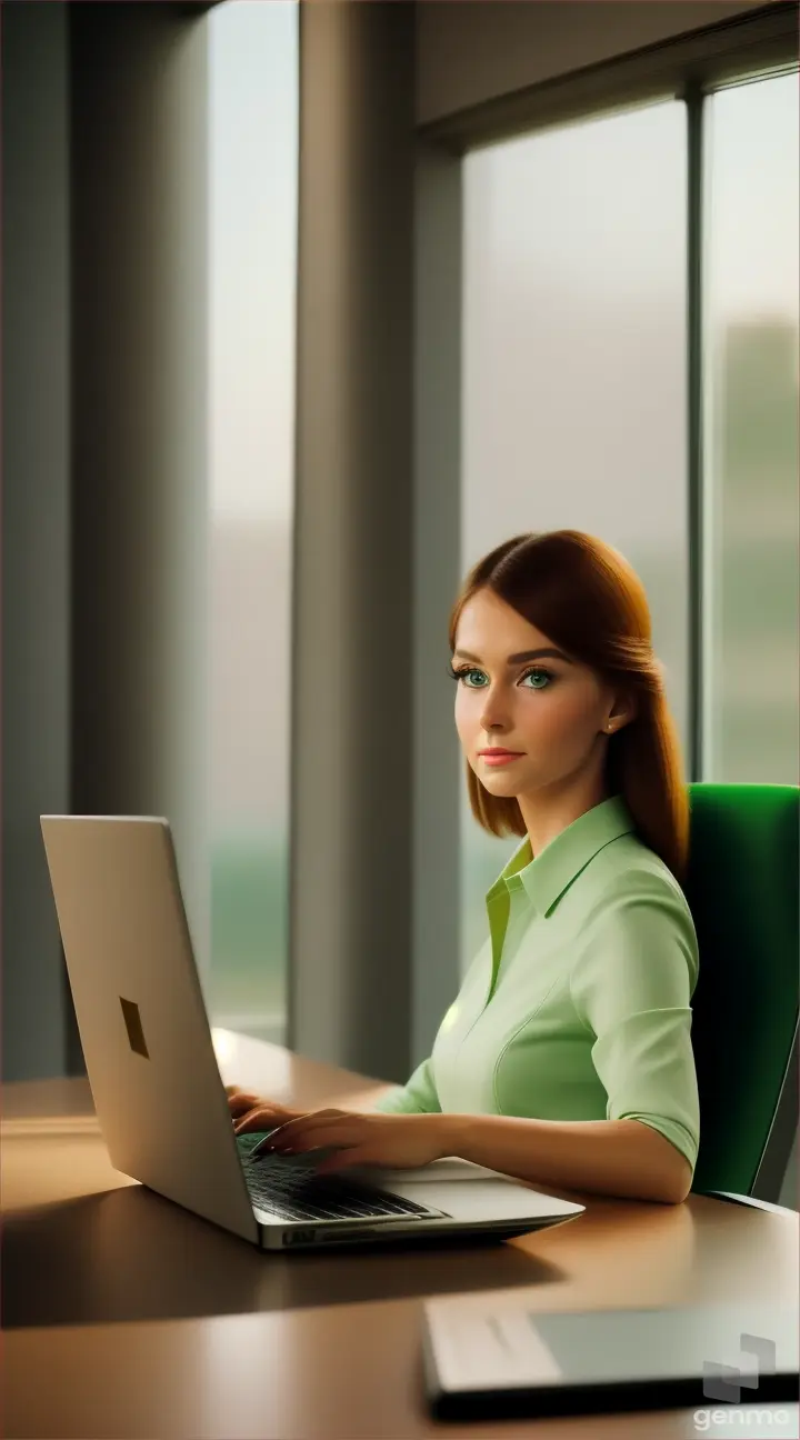 a cute green eye working woman using laptop
