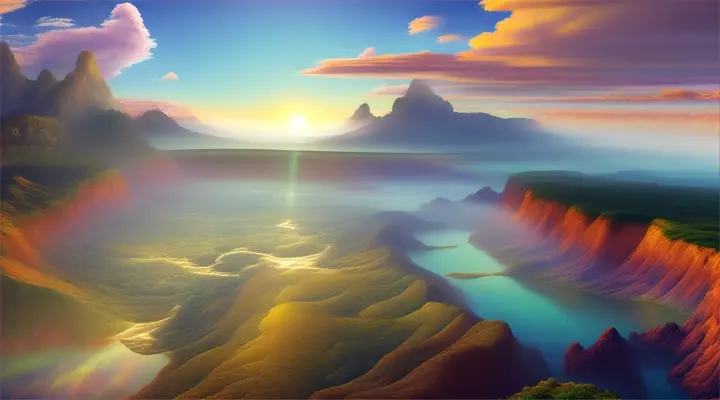 A surreal oasis in the clouds, surrounded by large mountains and filled with colorful flora