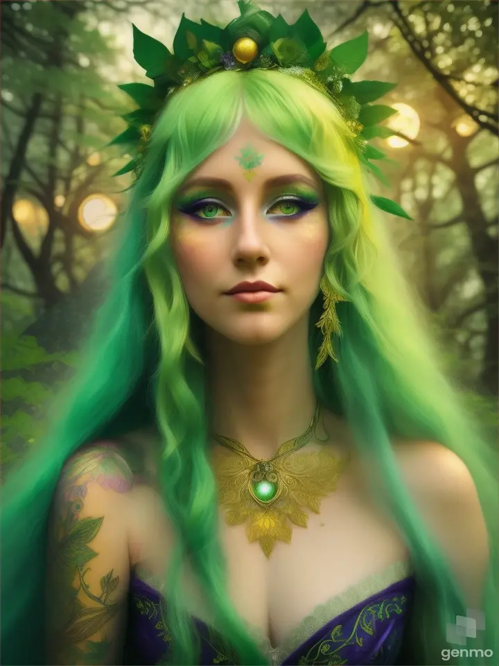 A beautiful goddess with long green-yellow hair and a fairy tattoo, midsummer, night, moonlit, forest, landscape