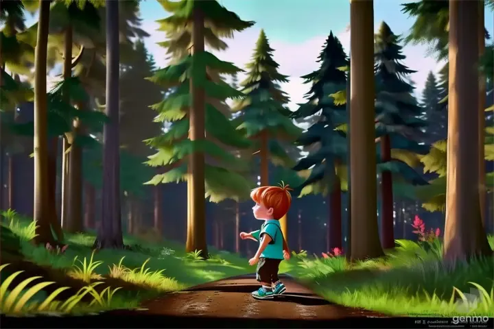 a little boy walking through a forest with lots of trees