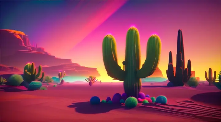 A towering neon cactus in a stylized desert landscape, with a mirage shimmering in the distance