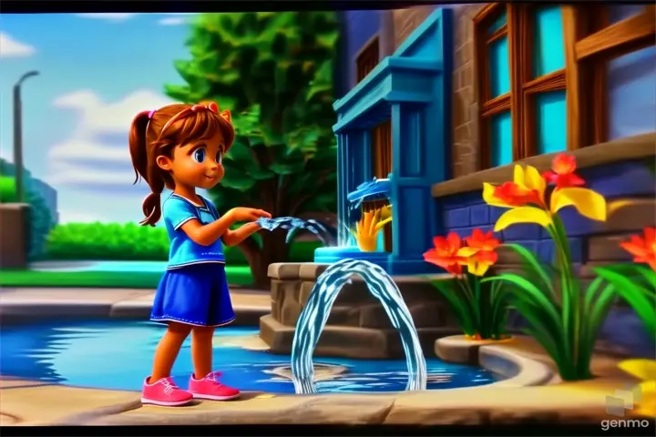 a little girl that is standing in front of a water fountain