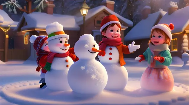children happy smiling fun Pixar 3d in winter season with snow man 16:9
