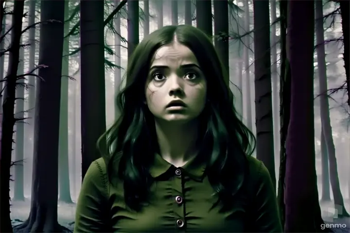 a woman standing in the middle of a forest