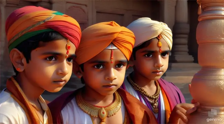 2 hindu young devotee boys talking to each other 16:9 ancient india, hinduism