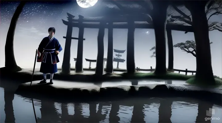 Under the dim moonlight, Souta (a Japanese man) stands on the edge of an ancient well.a with video of 16:9