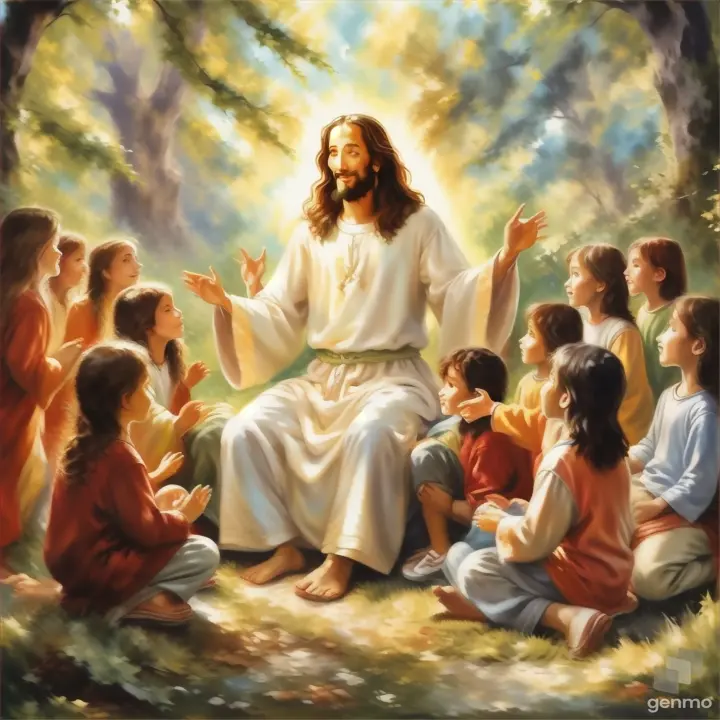 a painting of jesus surrounded by children