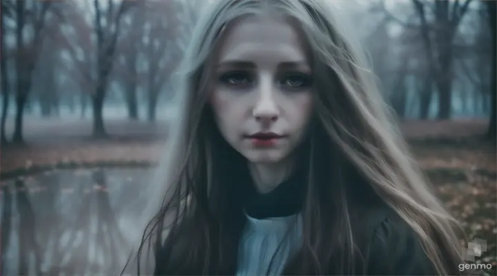 Behind a thin layer of mist, a woman emerged from the well, her long hair flowing wetly around her pale face, her eyes wide and her lips locked in an expression of sadness.a with video of 16:9