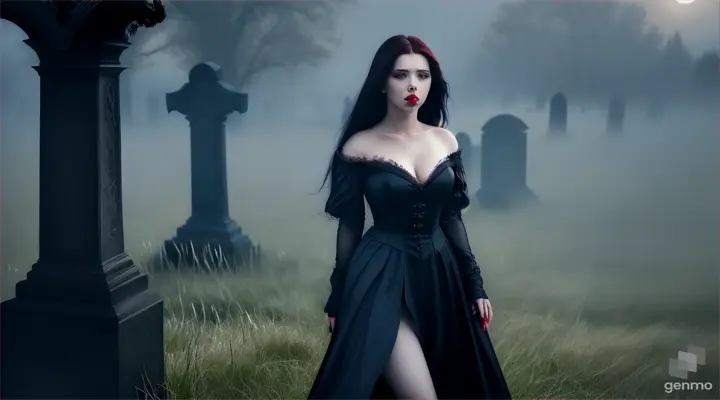 The beautiful vampire Scarlett Johansson, (white skin, long black hair, bright blue eyes, flawless figure, (she is wearing a white medieval dress with a large neckline),blood points on dress, on lips, she walking under moon light, at night,in darknesd, in low light of  candles, in the grass of graveyard, between graves, in fog, and  two sharp vampire fangs can be seen in her mouth. Vampire themes, Gothic, hyper, low light, realism, cinematography, the play of light and shadows.), <lora:mm_sd15_v2_lora_TiltUp:.5>, <lora:mm_sd15_v2_lora_ZoomIn:.5>