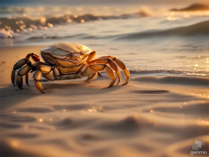 A crab on the beach with golden light cast across the misty sand.