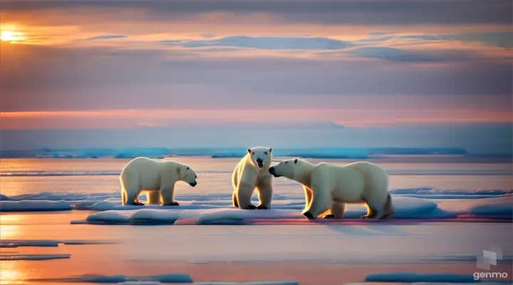 A polar bear and her cubs on the edge of an ice floe, with the Arctic sun on the horizon แนวนอน