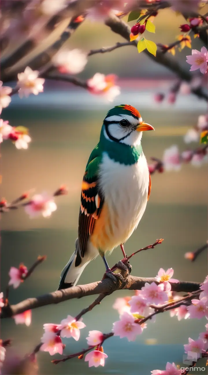 A single bird perched on a tree featuring seasonal colors (blossoms for spring, green leaves for summer, autumn leaves, or snow for winter) over a still pond.1080*2060