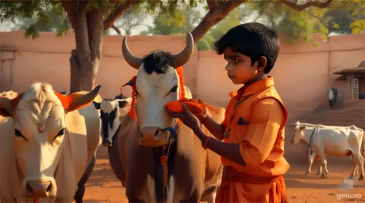 Hindu young boy wearing orange hindu dress feeding protecting his cows ,16:9 ancient india, hinduism