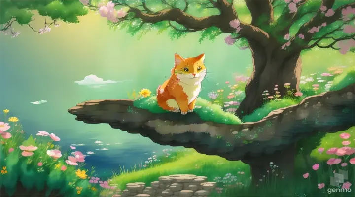 showcases a lovable animal character in the style of Studio Ghibli. Incorporate elements such as expressive eyes, playful poses, and nature-inspired backdrops to capture the essence of Ghibli's endearing characters.
