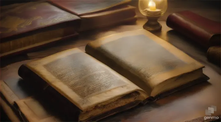 An ancient book with a weathered leather cover, adorned with faded illustrations and handwritten notes