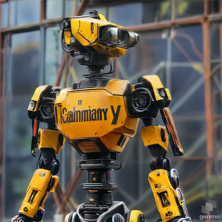 a yellow and black robot is standing in front of a building