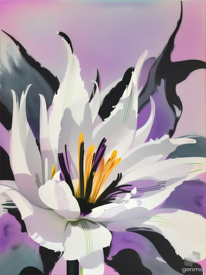 Minimalist stylized white lily in Pop-Art style, with heavy outlines. on a pastel purple watercolors background.