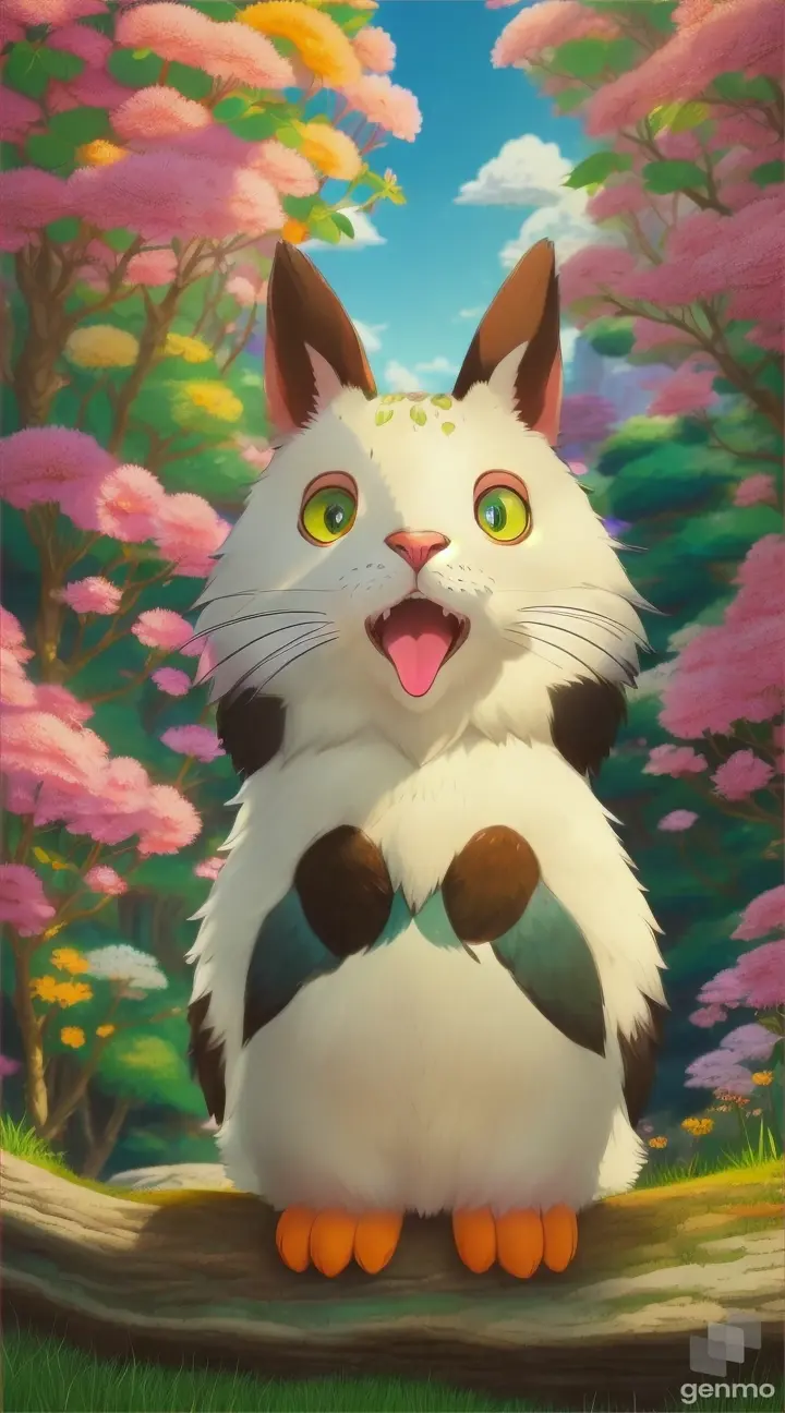 showcases a lovable animal character in the style of Studio Ghibli. Incorporate elements such as expressive eyes, playful poses, and nature-inspired backdrops to capture the essence of Ghibli's endearing characters. 9:16