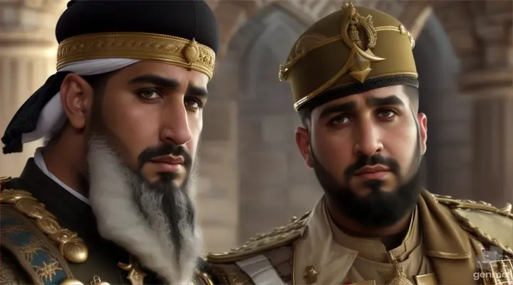 A burly young man in battle dress stands and talks with his 50-year-old Muslim religious leader in a fortified fort.