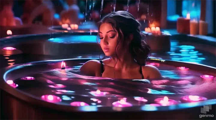 a woman in a hot tub with candles around her water moving all candles are lit no drops of water falling