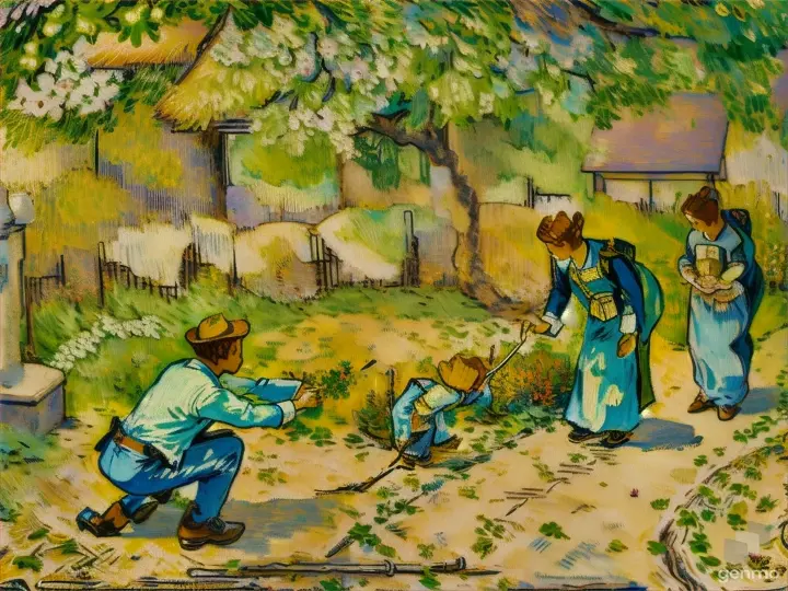 a painting of two people in a garden, first steps of baby