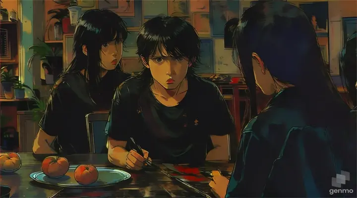 In the living room, a man in a black shirt is sitting at the table with a painful expression, and a long-haired woman in a black shirt is sitting opposite the man with her back to the screen. There is a plate of fruit and a knife on the table.