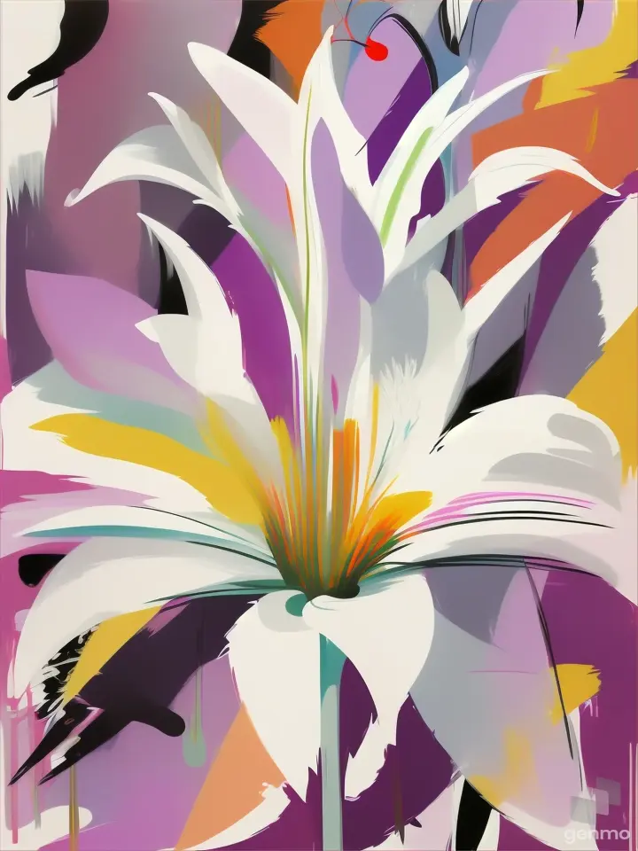 A minimalist white lily in the style of Picasso, finger painting with heavy smooth white outlines. On a pastel purple watercolor pop art background.