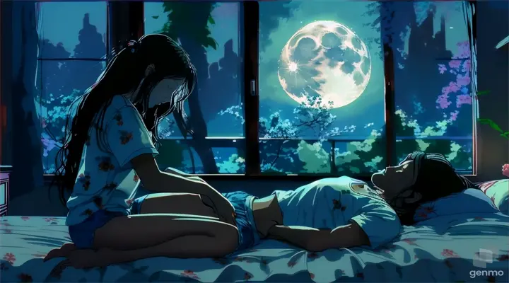 In the bedroom, a girl with long hair wearing a white floral T-shirt and shorts is sitting on the edge of the bed, and a man in a black shirt is lying on the bed sleeping with his back to the screen, and the woman is pulling the man. hands, the moonlight outside the window is bright