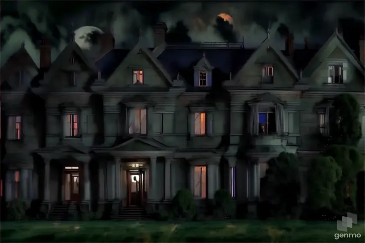 a creepy house with a full moon in the background