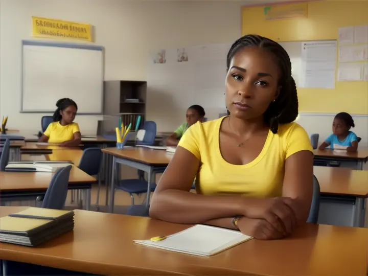 dolly in, 35-year-old black female teacher, thin, hair tied up, yellow t-shirt and jeans, sitting at a school secretary's desk, looking worriedly at the camera, Brazil, hyper realistic