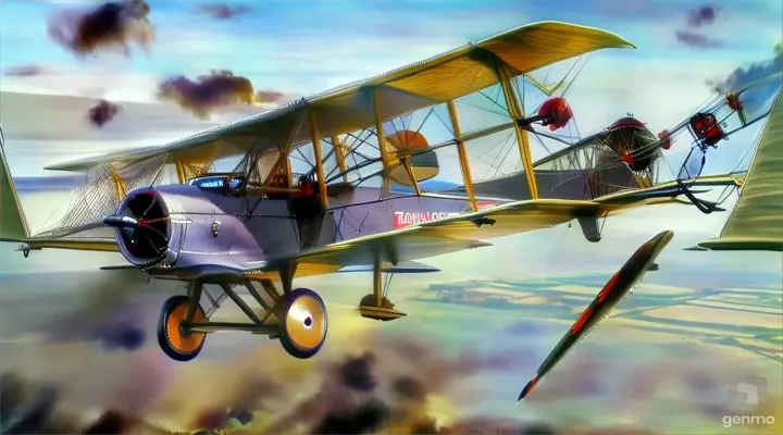 a painting of a biplane flying in the sky