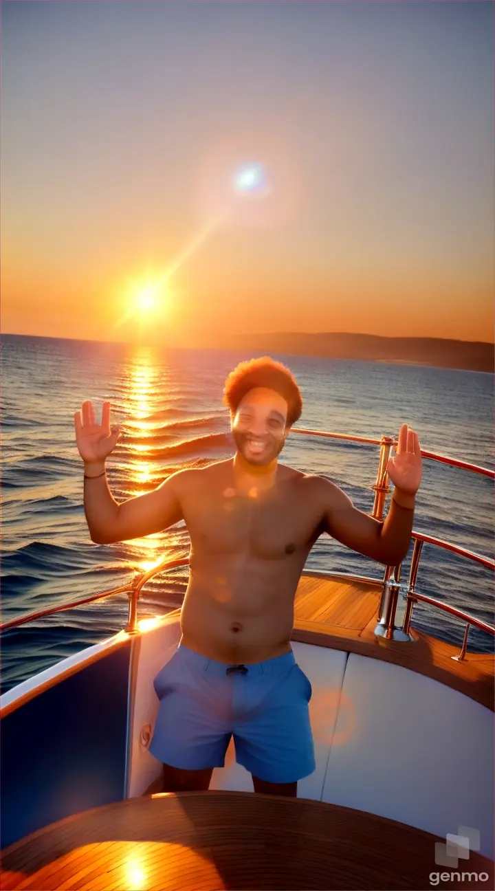 A man stands on a yacht with his hands raised in joy at sunset

