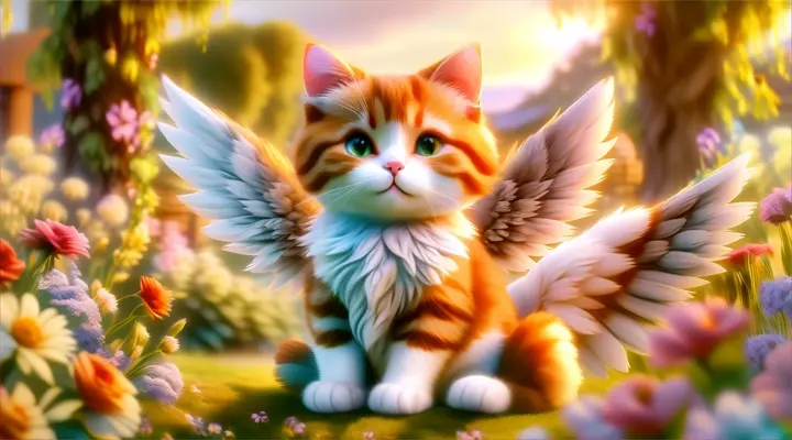 a cat with angel wings sitting in a field of flowers