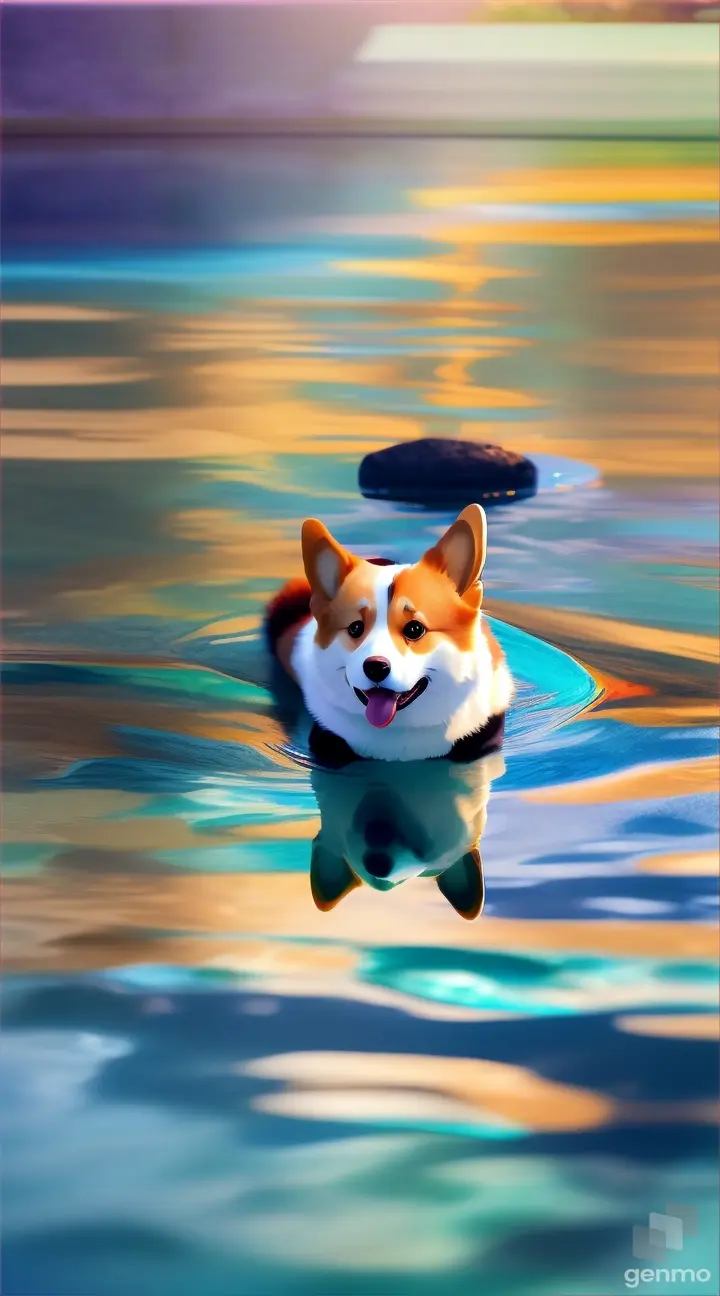 Japanese animation, panoramic, colorful, a small corgi with closed eyes backstroke in the pool, most of the picture shows water, corgi accounts for a small part of the picture, water is light blue transparent and clear, water ripple texture is clear, light refraction, corgi and water are not fuzzy, to HD, phone wallpaper size, HD, 32k  9:16