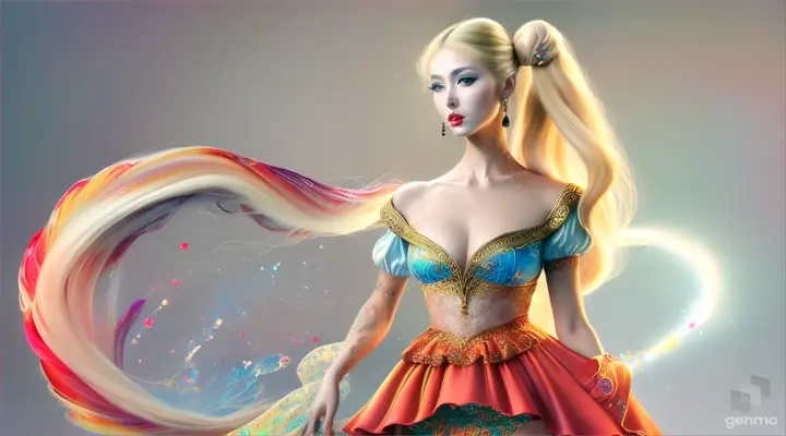 Art by Boris Vallejo and Miki Asai
half body of a fashion woman on a fashion show, 
pretty face and full red lips,
long blond  hair in a bun in rococo style,
wear  a top with lace and puff sleeves and a colorful printed mini skirt, 
digital painting with color markers, storybook illustration, 
smudge, sharp focus, hdr, filigree, luminism, luminescent, rim lighting, perfect composition, 


