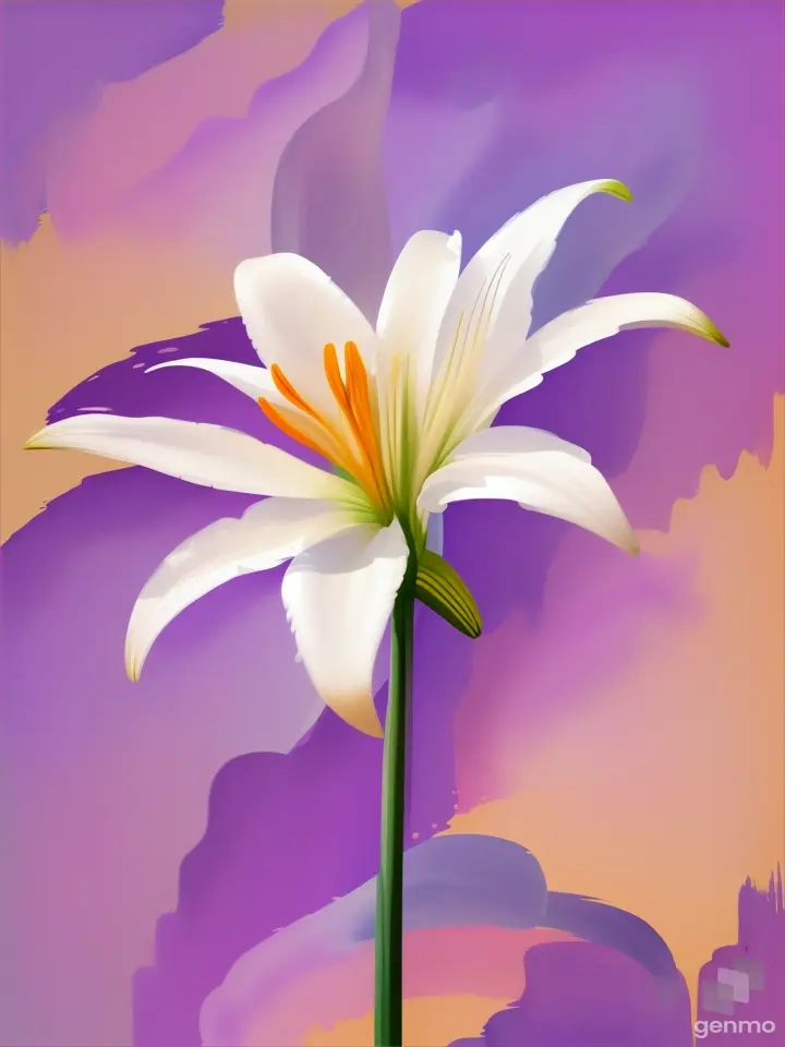 A minimalist white lily in the style of Picasso, finger painting with heavy smooth white outlines. On a pastel purple watercolor pop art background.